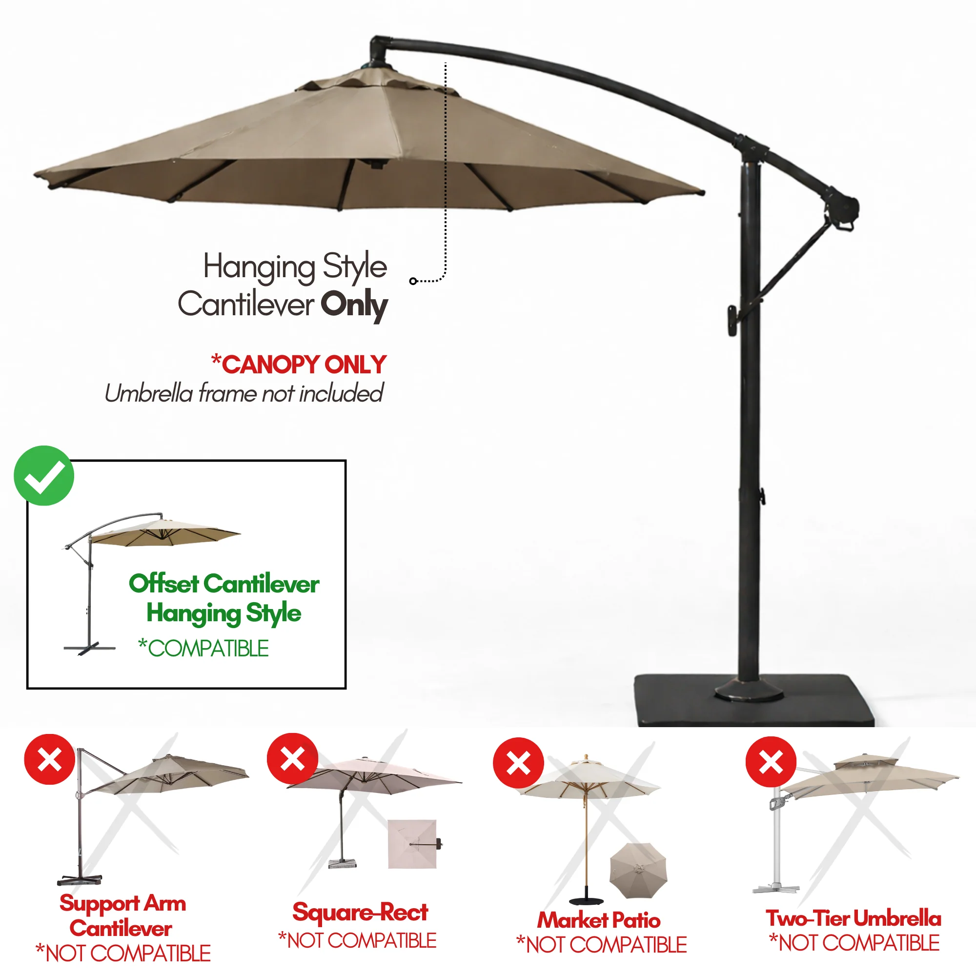 10ft Cantilever Hanging Umbrella 8 Rib Replacement Canopy Taupe - Image 5
