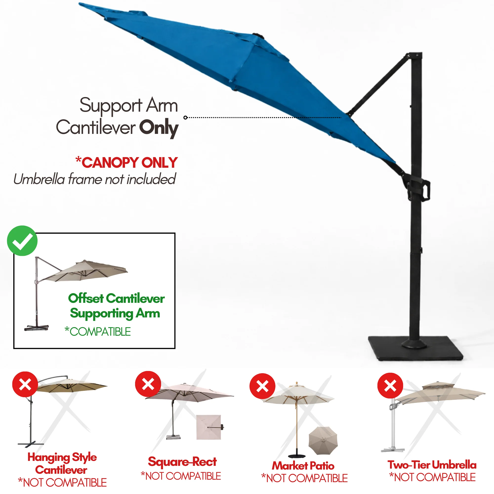 11 ft Cantilever Umbrella Replacement Canopy Supported Bar 8 Ribs Capri Blue Olefin Fabric - Image 5