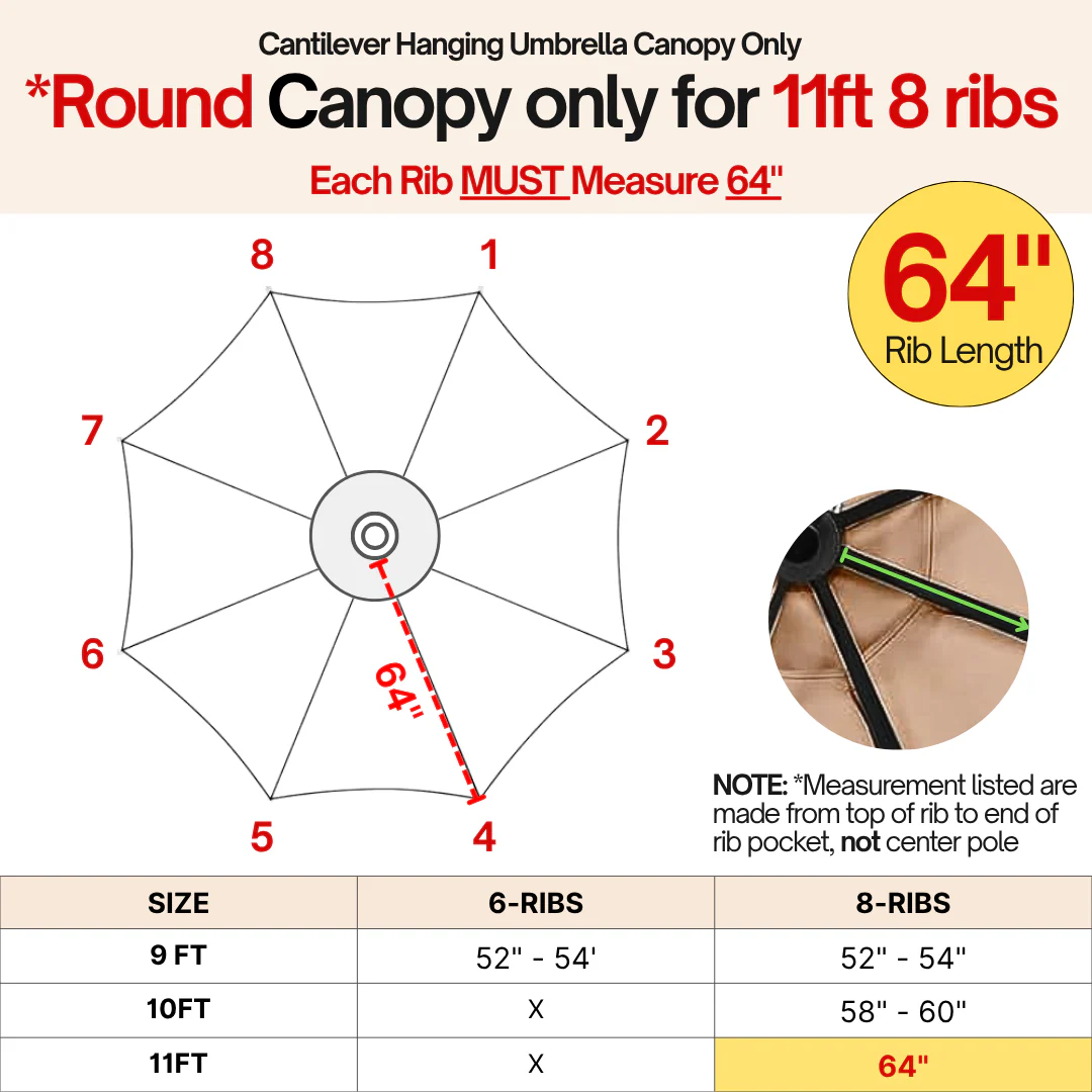 11ft Cantilever Hanging Umbrella 8 Rib Replacement Canopy Navy Olefin - Image 4