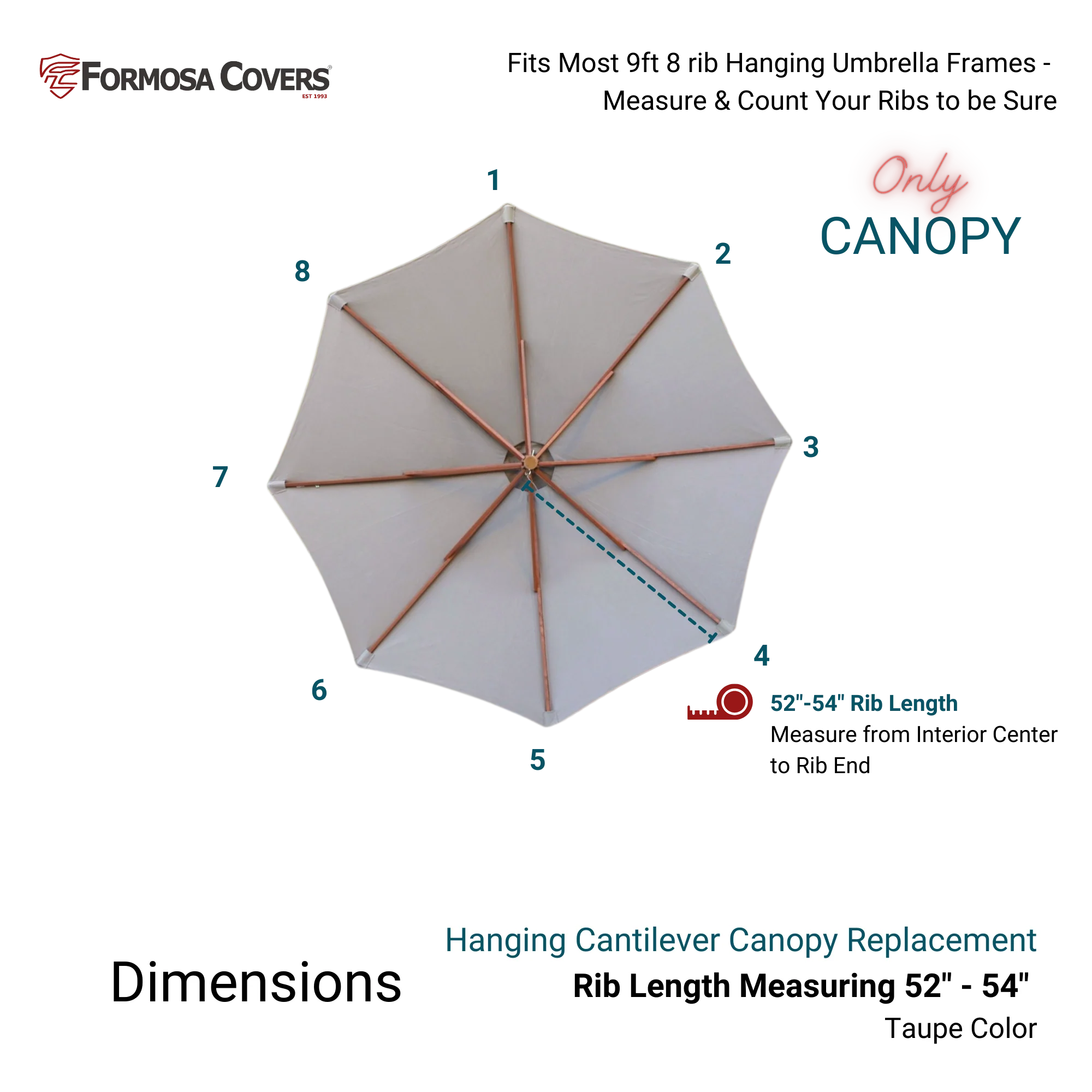 9ft Cantilever Hanging Umbrella 8 Rib Replacement Canopy Taupe - Image 3