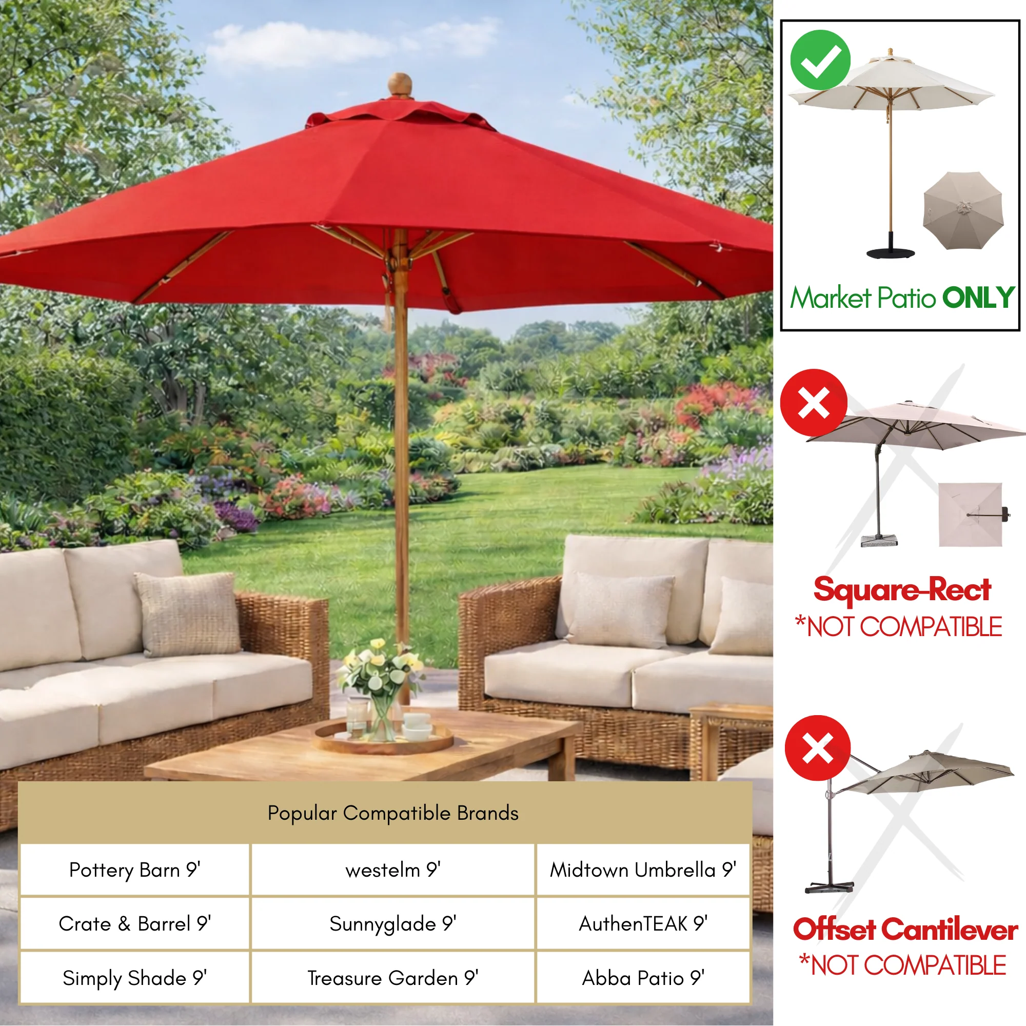 9ft Market Patio Umbrella 6 Rib Replacement Canopy Red - Image 6