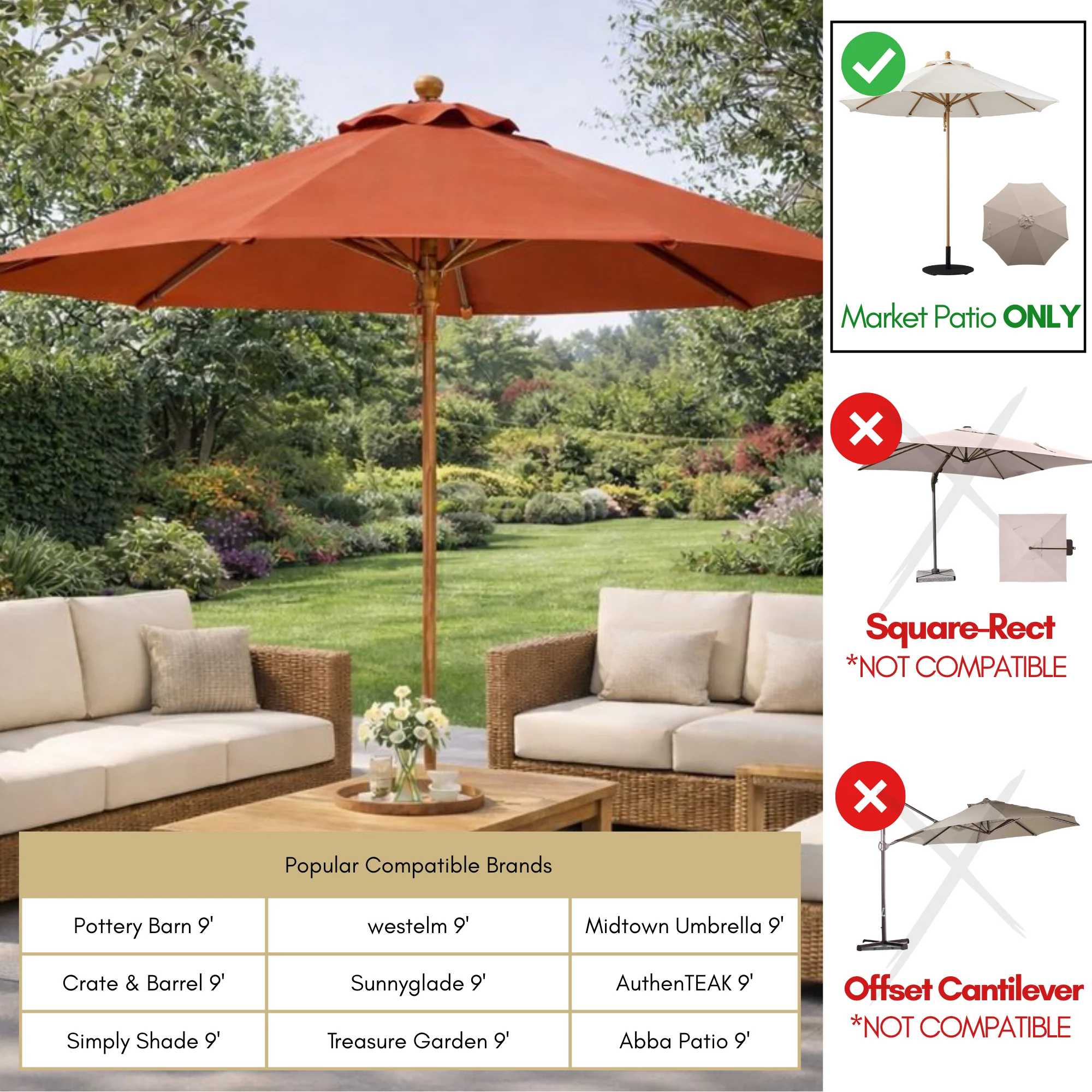 9ft Market Patio Umbrella 6 Rib Replacement Canopy Terracotta - Image 6