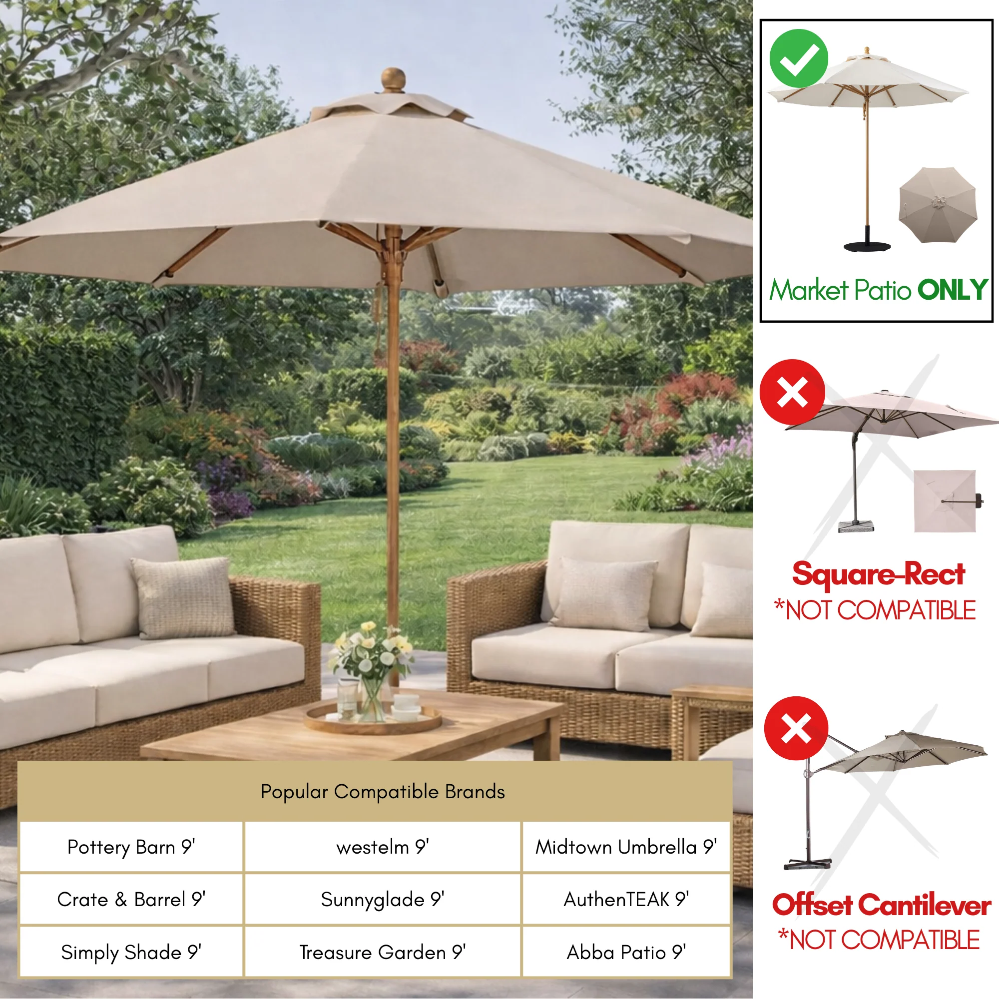 9ft Market Patio Umbrella 8 Rib Replacement Canopy Taupe - Image 6