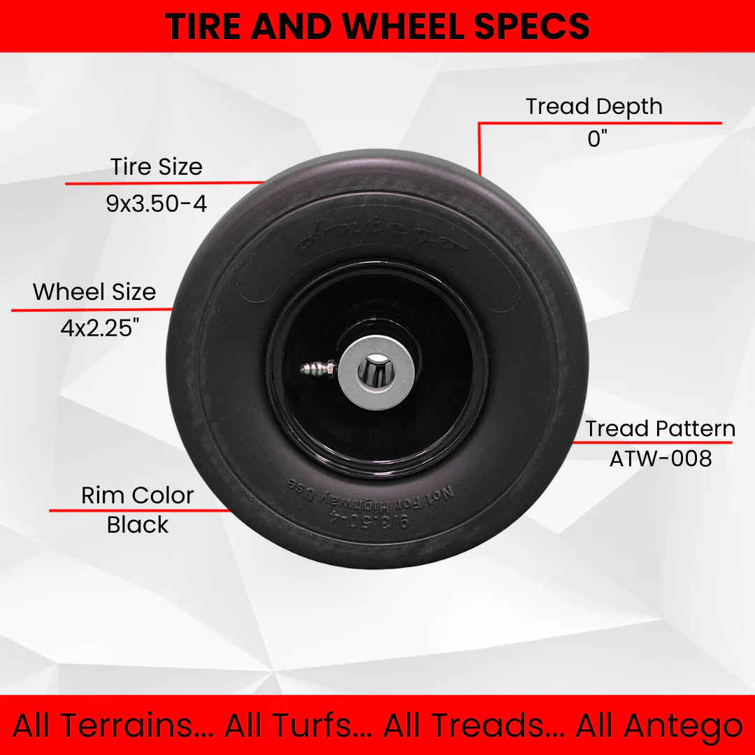 9x3.50-4 Flat Free Tire and Wheel Assemblies - Fits GRAVELY 45205, 3.25" Hub, 3/4" Caged Roller Bearings (Set of 2)