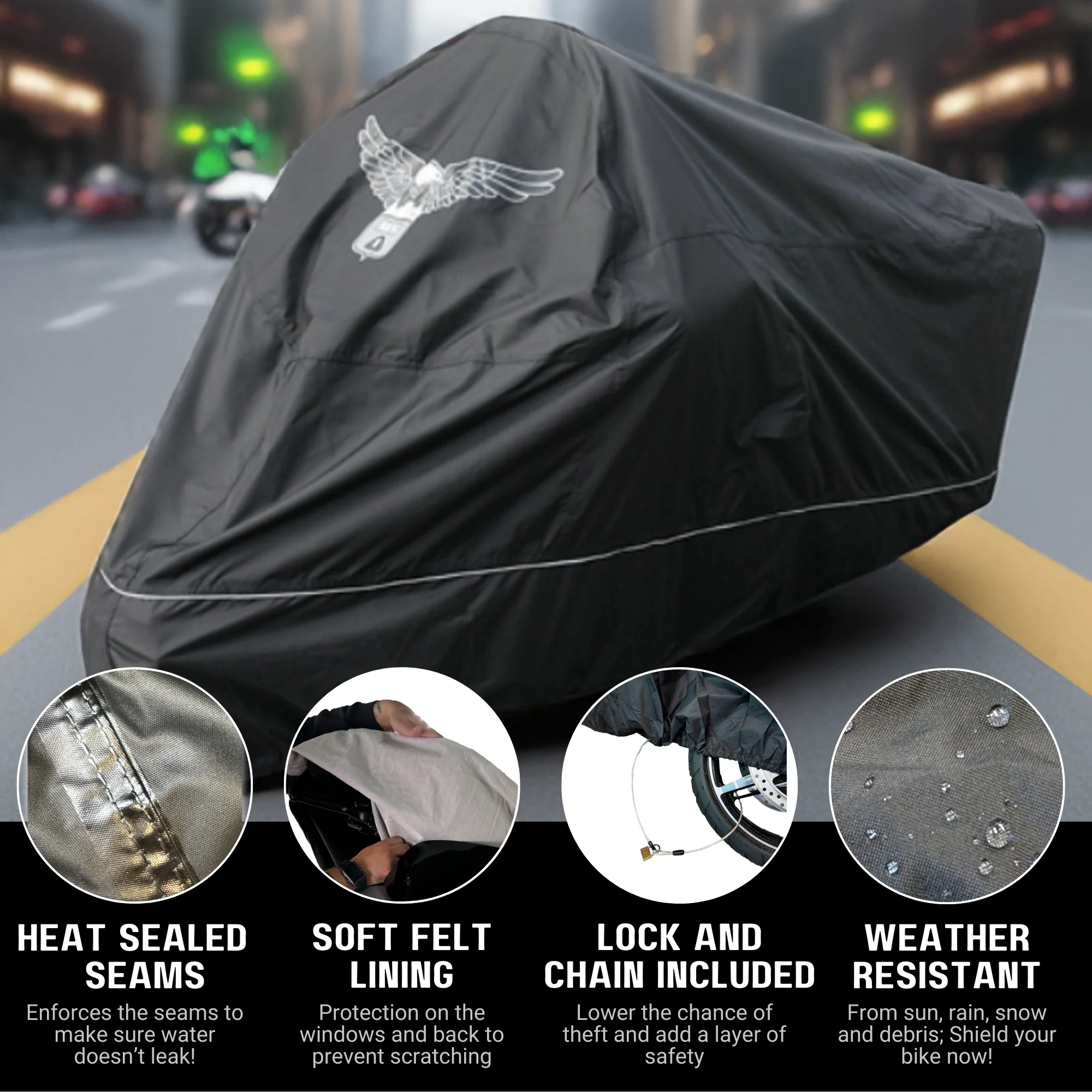 Premium Motorcycle Cover with Night Reflector and Eagle Emblem (XXL) Black - Image 5