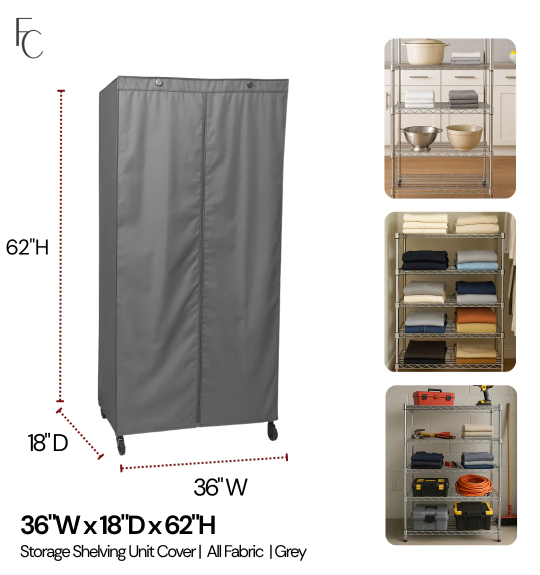 Storage Shelving Unit Cover, fits racks 36"W x 18"D x 62"H in Grey - Image 2