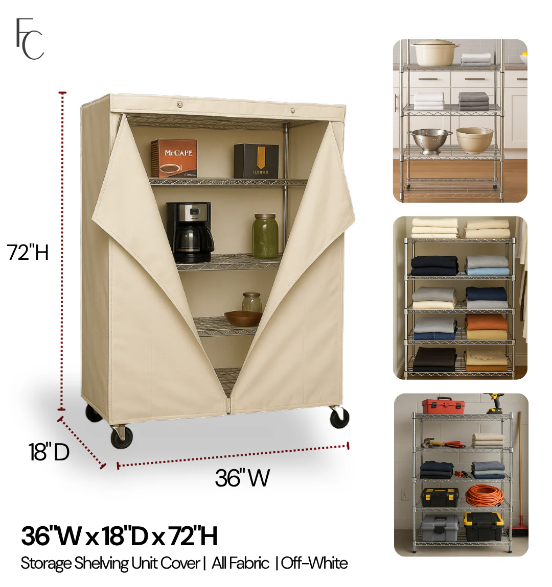 Storage Shelving Unit Cover, fits racks 36"W x 18"D x 72"H in Off White - Image 2