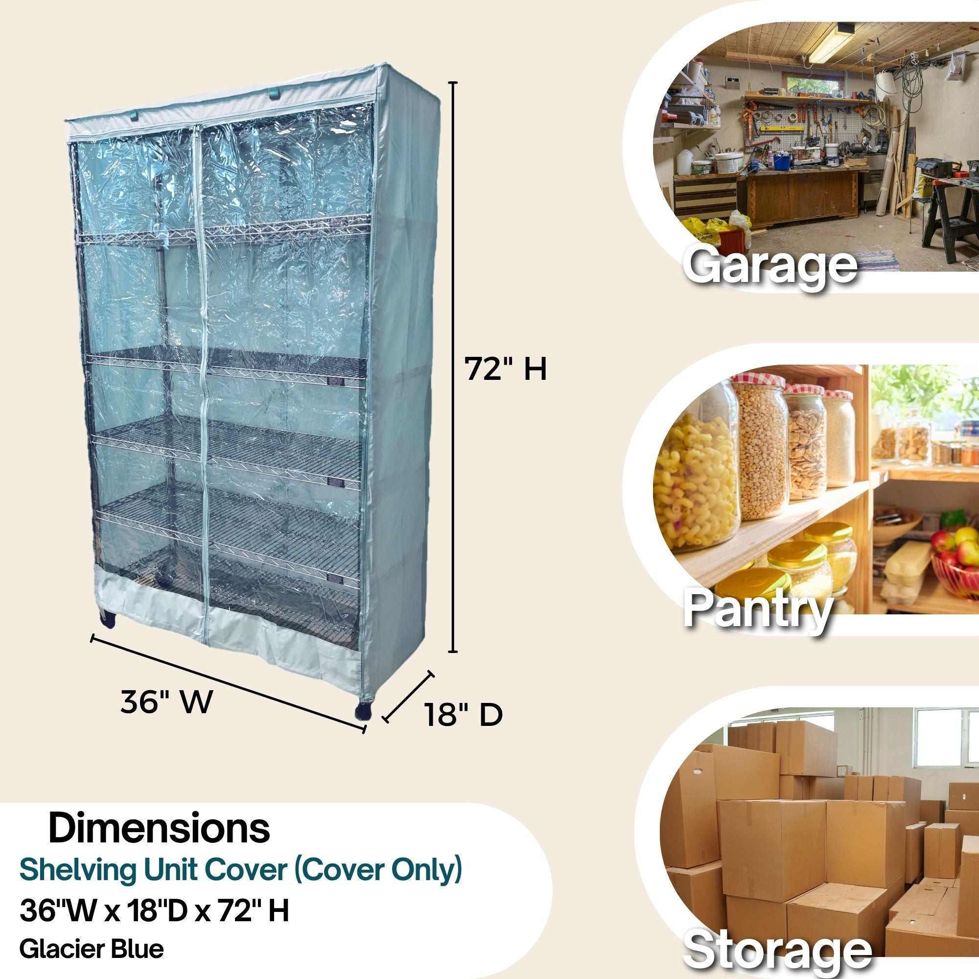 Storage Shelving Unit Cover, fits racks 36"W x 18"D x 72"H one side see through panel in Glacier Blue - Image 3