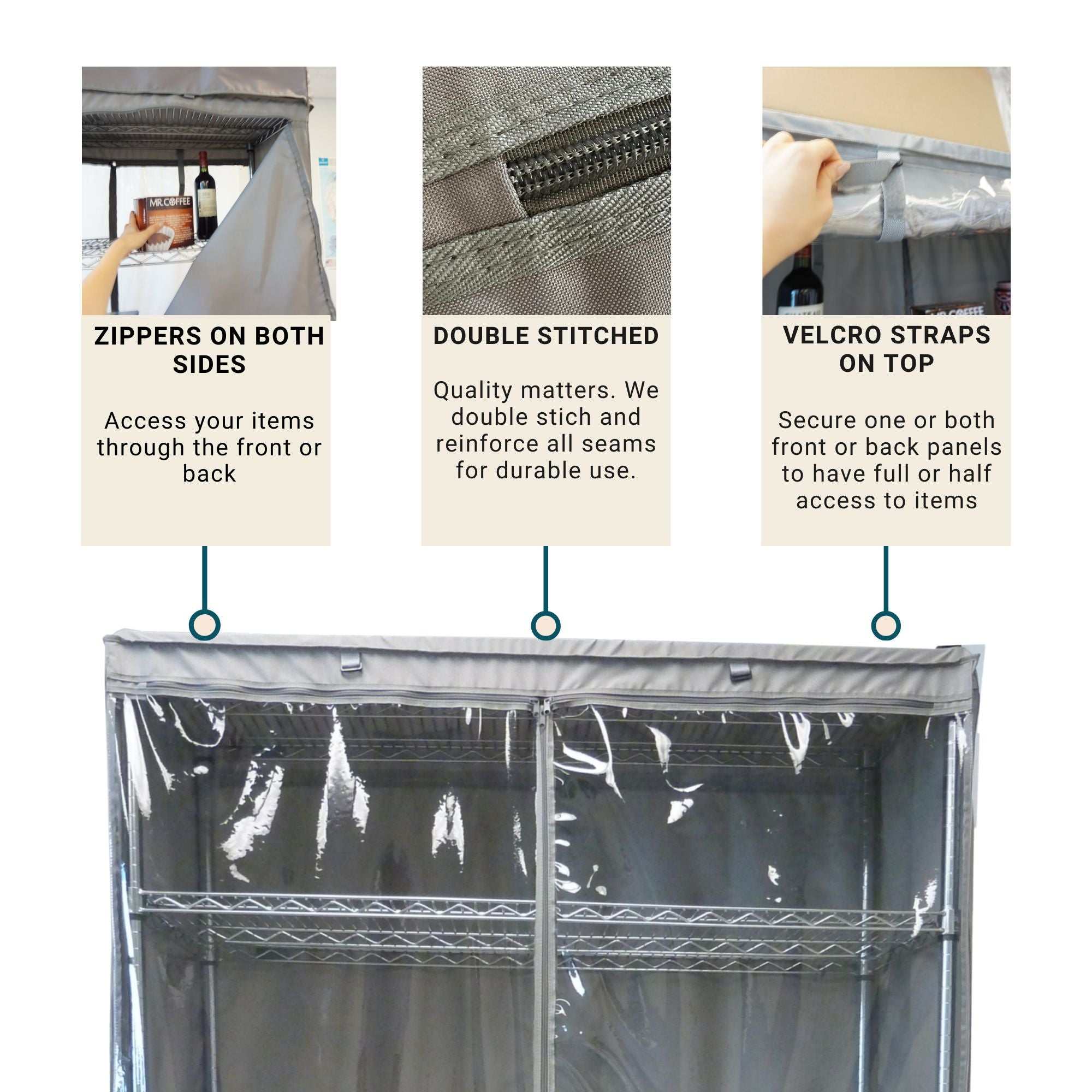 Storage Shelving Unit Cover, fits racks 48"W x 18"D x 72"H in Grey with see through PVC Panel - Image 4