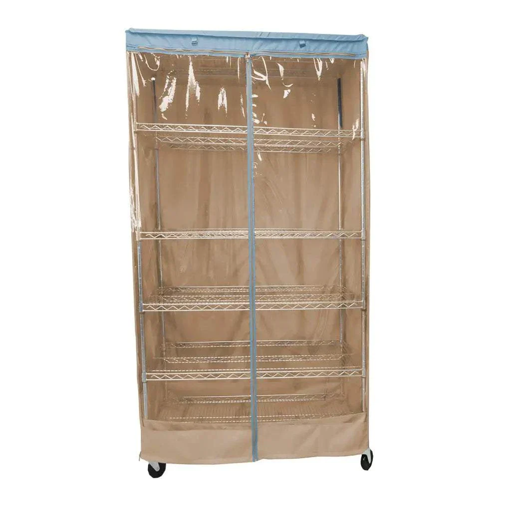 Storage Shelving Unit Cover, fits racks 48"W x 24"D x 72"H one side see through panel in Beige Khaki and Blue Trim