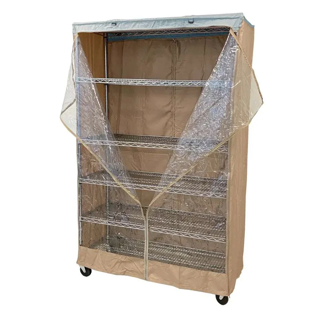 Storage Shelving Unit Cover, fits racks 48"W x 24"D x 72"H one side see through panel in Beige Khaki and Blue Trim - Image 2