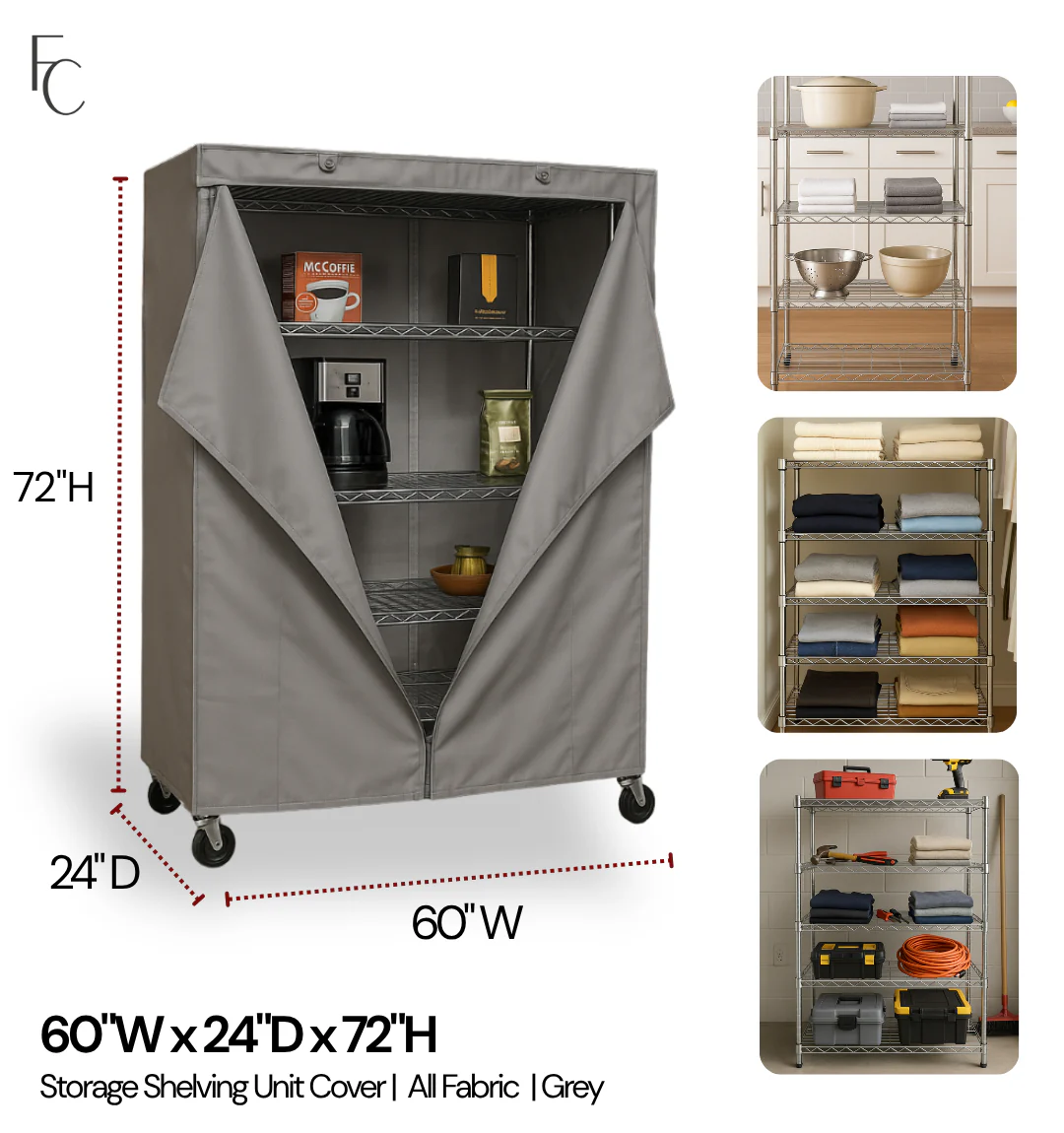 Storage Shelving Unit Cover, fits racks 60"W x 24"D x 72"H in Grey - Image 2