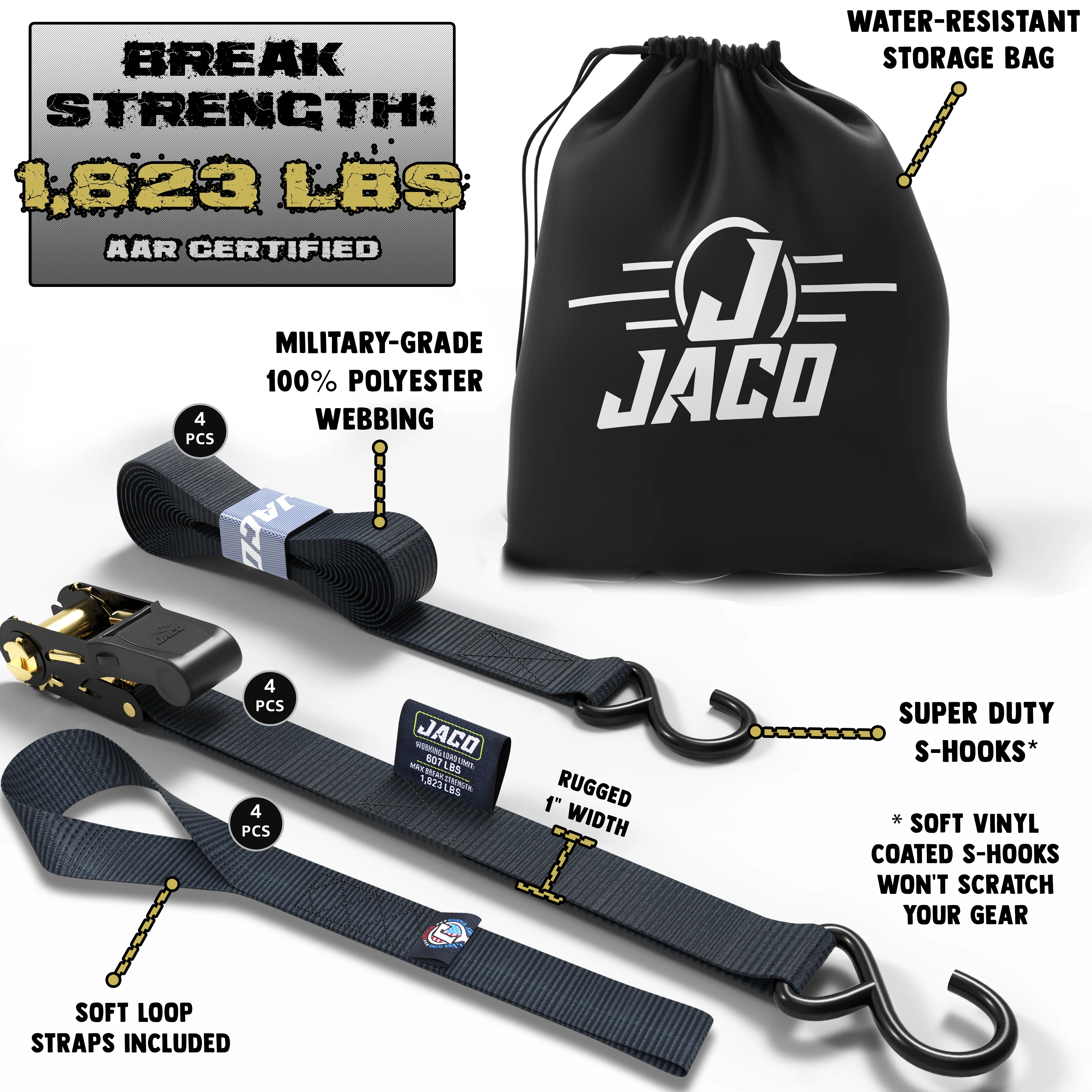 Tie Down Ratchet Straps (4 Pack) - 1 in x 15 ft | AAR Certified Break Strength (1,823 lbs) | Cargo Tie Down Set - Image 2
